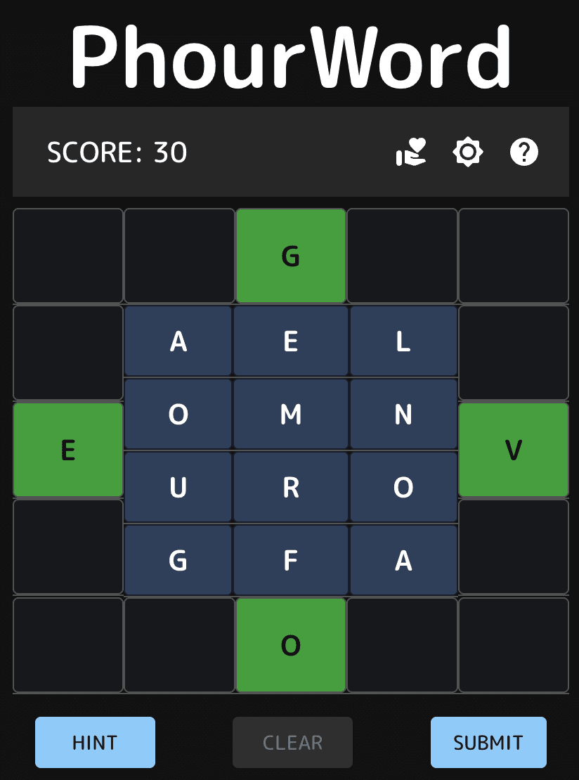 Screen shot of PhourWord game play