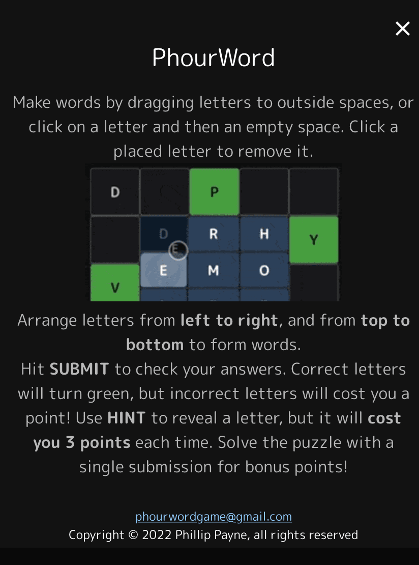 Screen shot of PhourWord instruction screen
