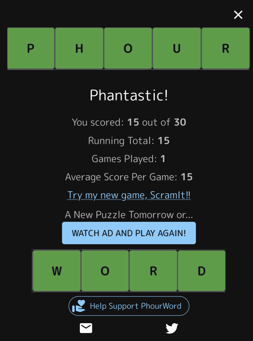 Screen shot of PhourWord Game Summary